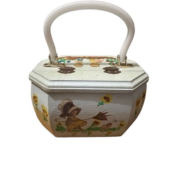 Vintage Hand painted Wood Rectangular Decoupage Handbag Purse Children Floral - Picture 8 of 16
